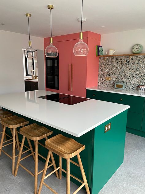 Colourful Kitchen Cupboards, Kitchen Diner Renovations, Upcycle Kitchen Cupboards, Colourful Kitchen Island, Colourful Kitchen Diner, Bright Colourful Kitchen Ideas, Colourful Kitchens Ideas, Diy Kitchen Cupboards Makeover, Bright Colour Kitchen