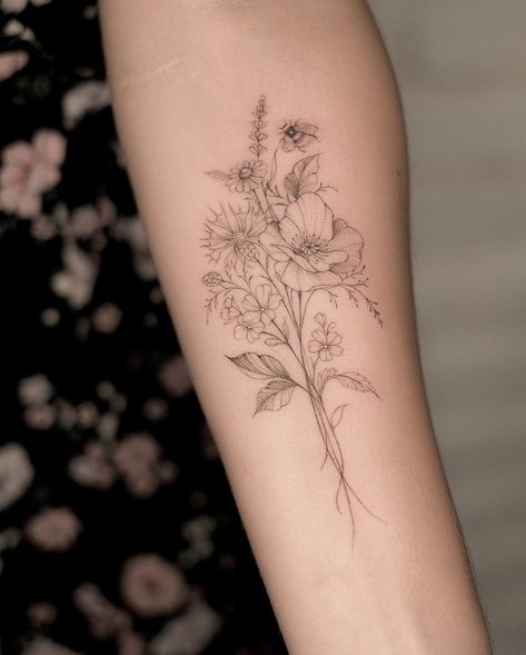 Wildflower Bee Tattoo, Floral Bird Tattoo Design, Wild Flower Fine Line Tattoo, Dainty Forearm Sleeve Tattoo Women, Wild Flower Arm Tattoos For Women, Flower Tattoo On Arm For Women, Arm Tattoos For Women Minimalist, Delicate Wildflower Tattoo, Wildflower Arm Tattoo