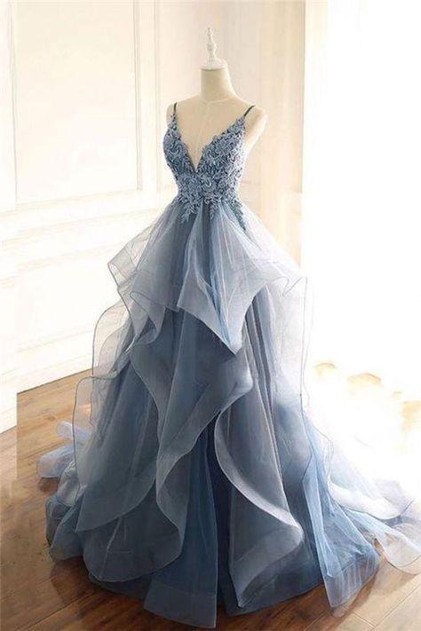 Venues: Church, Garden / Outdoor Back Details: Lace-up Season: Spring, Summer, Fall, Winter Neckline: V-neck... Dark Blue Prom Dresses, Dark Blue Prom Dress, Grey Evening Dresses, Ruffle Prom Dress, Beading Embroidery, Gaun Fashion, Stunning Prom Dresses, Tulle Evening Dress, Prom Dress Inspiration