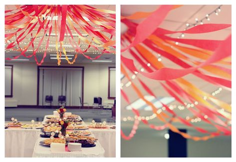 DIY Hula Hoop Streamer Canopy - easy and budget friendly wedding reception idea! Party Details, Hula Hoop, Crepe Paper, Budgeting, Ceiling