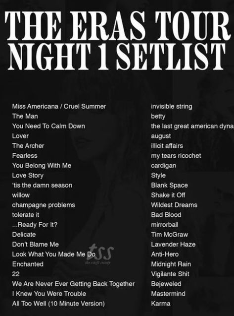 Eras Tour Set List In Order, Taylor Swift Setlist Eras Tour, Eras Setlist, Eras Tour Set List, Eras Tour Setlist, You Belong With Me, Tim Mcgraw, Bad Blood, Getting Back Together