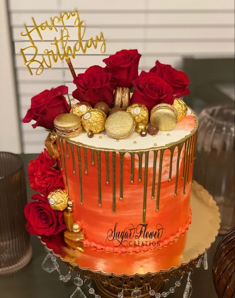 Bday Flowers, 26 Birthday Cake, Happy Birthday Flowers Wishes, Minion Birthday Cake, Buttercream Cake Decorating, Elegant Birthday Cakes, Red Cake, Minion Birthday, Golden Red