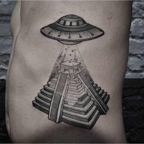 Ufo Mayan Temple Tattoo Alien Galaxy, Pyramid Tattoo, Mayan Temple, Temple Tattoo, Ufo Tattoo, Mayan Tattoos, Aztec Tattoo Designs, Aztec Tattoo, Alien Tattoo