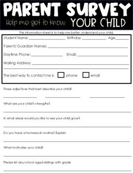 Use this Parent Survey for Beginning of Year to get to know your new class a whole lot better! This survey is quick & easy for parents to fill out!  This Survey for Parents from Teacher will help you get to know your students before the school year even starts! Use at Open House, Parent Night or the first day of school. A great resource to refer back to throughout the year Getting To Know Your Child Parent Survey, Open House Forms For Parents, Parent Wishes Open House, Get To Know You Questions For Students, Parent Survey Beginning Of The Year, Back To School Survey, Homework Routine, Parent Survey, Get To Know Your Students