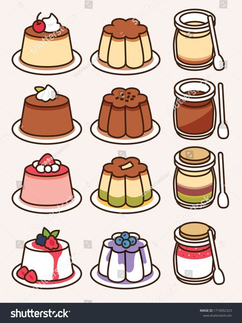 Pudding Drawing Cute, Pudding Doodle, Custard Drawing, Kawaii Drawings Food, Caramel Drawing, Cute Food Drawings Easy, Food Cute Drawing, Pudding Cartoon, Pudding Drawing