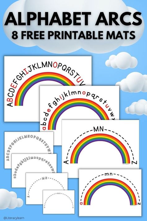 Get 8 different printable Alphabet Arcs to use with your students! They will help build speed, accuracy, and automaticity in alphabet knowledge, letter recognition, and sequencing. The mats include 4 color & 4 black-and-white versions with either capital or lowercase letters. Some mats include the full alphabet and some include anchor letters A-MN-Z. So whatever supports the needs of your students, you can find it here as a free downloadable pdf! Alphabet Arch Printable, Alphabet Mats Free Printable, Alphabet Arch Activities, Alphabet Centers Kindergarten, Alphabet Arc, Free Printable Alphabet Templates, Prek Lessons, Alphabet Stories, Wilson Reading Program