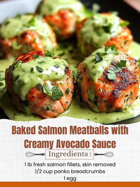 Baked Salmon Meatballs With Creamy Avocado Sauce, Salmon Meatballs Recipes, Salmon Balls, Salmon Meatballs, Creamy Avocado Sauce, Oven Baked Salmon, Fresh Salmon, Salmon Skin, Avocado Cream