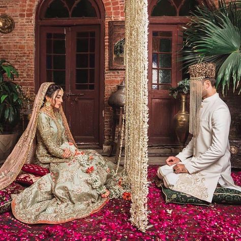 Nikkah is the most intimate and close knit celebration of marriage. Hues of pastels prevail as the bride exudes  in a natural glimmer and… Nikah Decor, Nikah Ceremony, Nikah Outfit, Nikah Dress, Desi Wedding Dresses, Asian Bridal Dresses, Asian Wedding Dress, Desi Wedding Decor, Bride Photoshoot