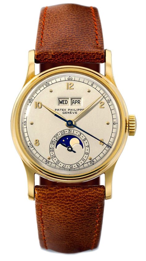 Patek Philippe Moonphase. This 34mm beauty has a movement made in 1942 and the case was completed in 1948. It sold for $2,773,721 at Chistie's Auction House on November 16, 2009. Simplistic Jewelry, Moonphase Watch, Watch Image, Patek Philippe Watches, Annual Calendar, Fine Watches, Luxury Watches For Men, Beautiful Watches, Patek Philippe