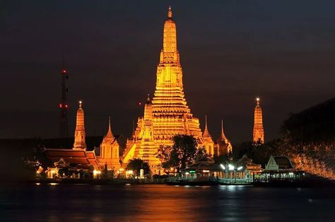 Wat Arun - The Temple of Dawn Bangkok Thailand Temples, Wat Arun, Famous Landmarks, The Temple, The River, Bangkok, At Night, Banks, Temple