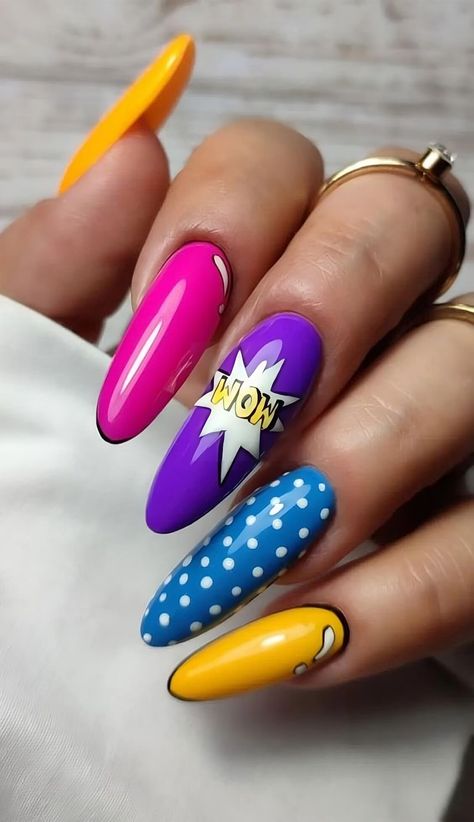 30 Pop Art Nail Ideas That Came Straight Out Of A Comic Book - 212 Color Pop Nails, Pop Art Nails Designs Simple, Pop Art Nails Designs, Comic Nail Art, Art Nail Ideas, Comic Book Nails, Book Nails, Fab Mood, Mood Wedding