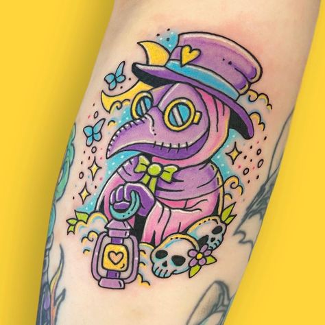 cute-colorful-plague-doctor-tattoo-clortycat Pastel Plague Doctor, Plague Doctor Tattoo, Pastel Tattoo, Doctor Tattoo, Tattoo Apprenticeship, Pink Tattoo, Goth Tattoo, Witch Tattoo, Kawaii Tattoo