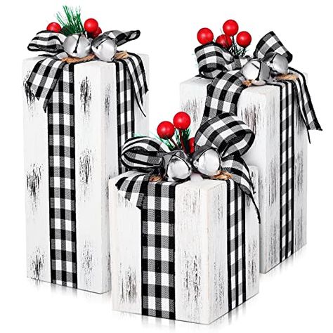 3 Pcs Christmas Rustic Wood Presents Christmas Table Centerpieces Christmas Decorations Wooden Blocks Rustic Decorations with Buffalo Plaid Bowknot for Xmas Party Decor (Present Box)