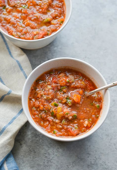 Roasted Garlic Gazpacho - Once Upon a Chef Cold Soup Recipes, Tomato Gazpacho, Cold Soups, Gazpacho Soup, Vegetarian Soups, Smoked Tomatoes, Cold Salads, Once Upon A Chef, Gazpacho Recipe