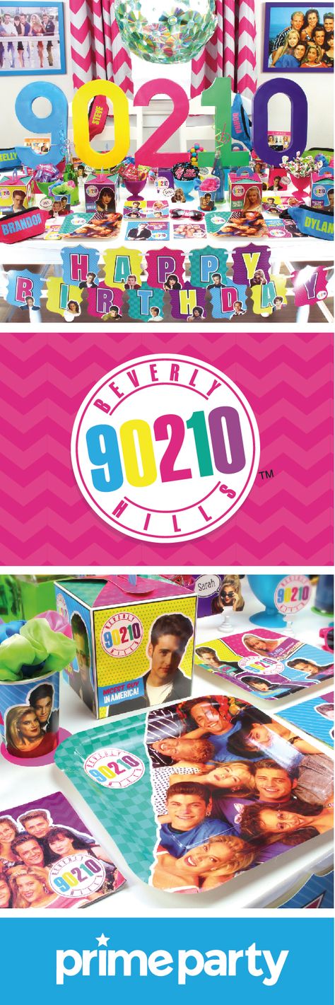 Go back to 1993 with our 90210 party kit. Perfect for 30th, 40th, 50th birthday party celebrations.  All of our 90210 theme party decorations are made for the most resourceful party arrangers and delivered with care by the Prime Party family. Party features most of the season 1 cast including; Dylan McKay, Brandon Walsh, Brenda Walsh, Kelly Taylor, Steve Sanders, Andrea Zuckerman, Donna Martin, David Silver, & more. Check out the the collection of 90210 party supplies at PrimeParty.com Beverly Hills 90210 Party Theme, 90210 Party Theme, Andrea Zuckerman, Beverly Hills Party, Prime Party, Dylan Mckay, Brandon Walsh, Brenda Walsh, Kelly Taylor