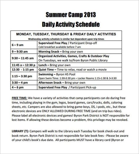 Summer Camp Schedule, Daily Work Schedule, Camp Schedule, Activity Schedule, Schedule Ideas, College Schedule, Daily Schedule Template, School Timetable, Time Management Tools