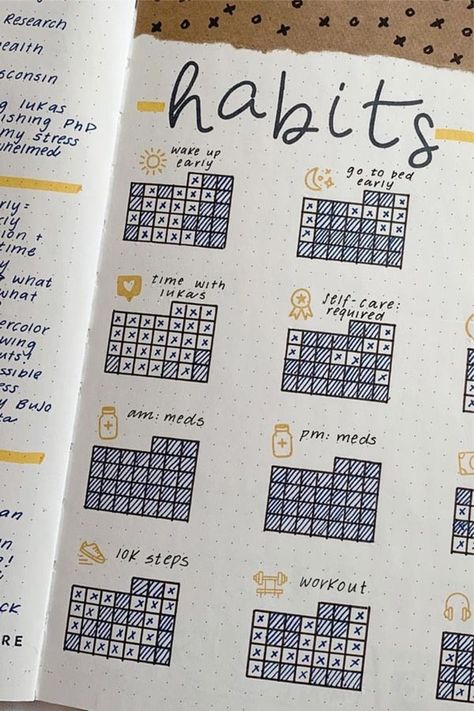 Minimalistic Habit Tracker, Creative Habit Tracker Ideas, Boju Journal Ideas, Front Journal Ideas, Habits Tracker Ideas, Bulett Journal Ideas September, Habit Tracker Journal Ideas, Bullet Journal Tracker Ideas Layout, Bullet Journal Yearly Tracker