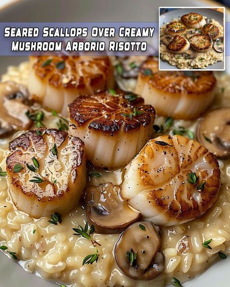 Yay Recipes Mushroom Risotto With Scallops, Risotto With Scallops, Yay Recipes, Seared Scallops, Mushroom Risotto, Scallops Seared, Creamy Mushrooms, Seafood, Stuffed Mushrooms