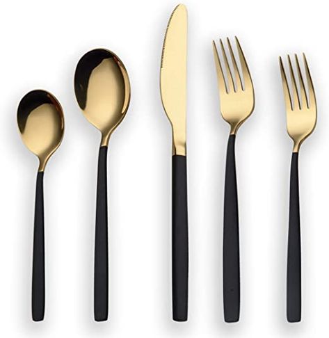 Berglander 20 Piece Titanium Black And Golden Plated Stainless Steel Flatware Set, Black Handle With Golden Mouth Silverware Set Black And Golden Cutlery Set Service for 4 (Shiny Black,Shiny Golden) Black Cutlery, Black Flatware, Gold Cutlery Set, Stainless Steel Silverware, Gold Cutlery, Gold Flatware, Gold Kitchen, Stainless Steel Dishwasher, Kitchen Utensil Set