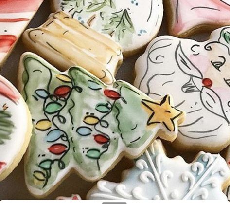 Hand Painted Cookies Christmas, Hand Painted Christmas Cookies, Painted Christmas Cookies, Watercolor Christmas Cookies, Cookie Watercolor, Painting Cookies, Fancy Sugar Cookies, Dream Cookies, Iced Christmas Cookies