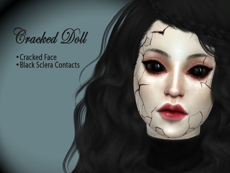 2 items: Cracked Face in the 'Blush' category in CAS and Black sclera lenses in the 'Face Paint' category in CAS.  Found in TSR Category 'Sims 4 Makeup sets' Doll Skin Sims 4, Sims 4 Cc Halloween Make Up, Ts4 Doll Cc, Sims 4 Creature Cc, Doll Sims 4 Cc, Sims 4 Creepypasta Cc, Sims 4 Cc Creepypasta, Sims 4 Doll Cc, Sims 4 Cc Cosplay