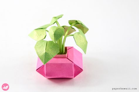 Mini Origami Pot Plants Tutorial - DIY Paper Houseplants via @paper_kawaii Origami Pot, Mini Origami, Flowers Step By Step, Paper Folding Crafts, Hanging Craft Ideas, Geometric Origami, Make Paper Flowers, Hanging Craft, Paper Wall Hanging