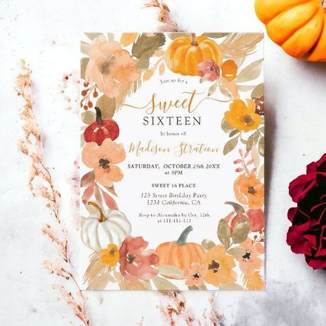 Fall Warm Boho pumpkin floral Sweet 16 birthday Invitation Editable Blank Fall Sweet 16, Floral Sweet 16, Painted Floral Wreath, Boho Pumpkin, Sweet Sixteen Birthday Invitations, Pumpkin Birthday Parties, Floral Birthday Invitations, 16th Birthday Invitations, Fall Chic