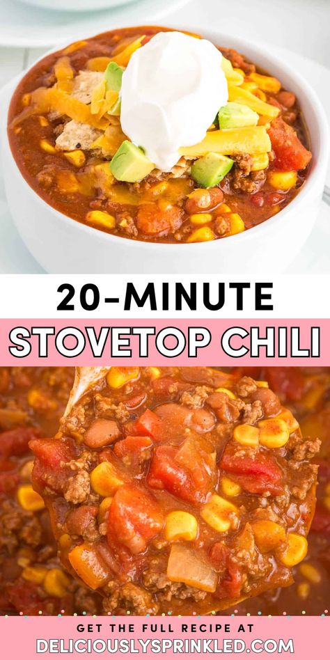 You're just 20 minutes away from this stovetop chili! Full of ground beef, beans, and more, this homemade chili is a perfect fall comfort food on a cool night. Try this soup recipe for dinner! Chili Recipe Easy Stovetop Ground Beef, Stovetop Chili Recipe Ground Beef, Chili Soup With Noodles, Chili Recipe Stovetop, Stovetop Chili, Easy Winter Recipes, Easy Healthy Soup, Easy Soup Recipes Healthy, Homemade Chili Recipe