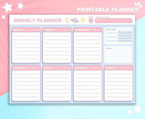 Printable Pastel Weekly Planner | Cute Kawaii Pink Space Aesthetic Week Calendar | Digital and Instant Download yearplanner #muslimplanner✍. Kawaii Weekly Planner Template, Kawaii Planner Template, Cute Weekly Planner Template, Pink Space Aesthetic, Kawaii Weekly Planner, Weekly Planner Aesthetic, Weekly Planner Pink, Cute Weekly Planner, Purple Printable