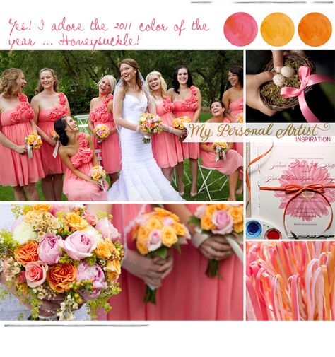 2011 color of the year: honeysuckle, paired with yellow and coral rose orange. Fancy! Tangerine Wedding, Yellow Wedding Colors, Rosa Coral, Wedding Colours, Coral Wedding, Rose Orange, Orange Wedding, Coral Dress, Yellow Wedding