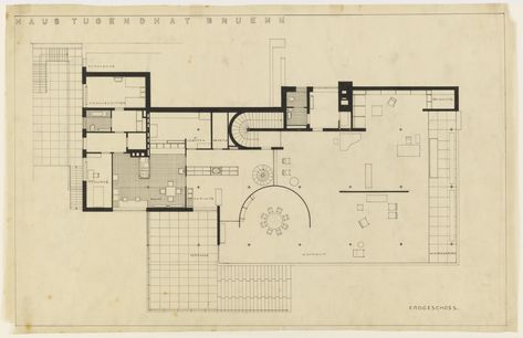 Ludwig Mies van der Rohe. Tugendhat House, Brno, Czech Republic, Ground floor plan. 1928-30 Mies Van Der Rohe Drawings, Mies Van Der Rohe Plan, Mies Van Der Rohe House, Mies Van Der Rohe Architecture, Tugendhat House, Villa Tugendhat, Brno Czech Republic, Farnsworth House, Modernist House