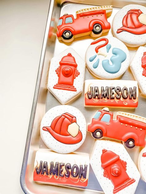 Fire Truck Birthday Cookies, Firefighter Cookie, Fire Fighter Cake, Fireman Party, Firetruck Birthday Party, Fireman Birthday, Firefighter Party, Fire Truck Party, Firefighter Birthday