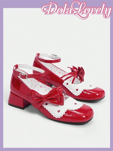 Dola Lovely Red & White Color Block Mary Jane Shoes For Women, With Bowknot, Heart & Lolita Details, Fashionable High Heel Pumps With Ankle Strap | SHEIN USA Jane Shoes, Mary Jane Shoes, Heel Pumps, Lolita Fashion, High Heel Pumps, Shoes For Women, Pumps Heels, Mary Janes, White Color