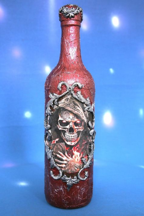 Mystical Wine Bottle With Skull and Flames - Etsy Bottle Art Ideas Creative, Crown Royal Diy, Polymer Clay People, Plastic Bottles Crafts, Old Wine Bottle, Gothic Crafts, Unique Wine Bottles, Liquor Bottle Crafts, Decorated Bottles