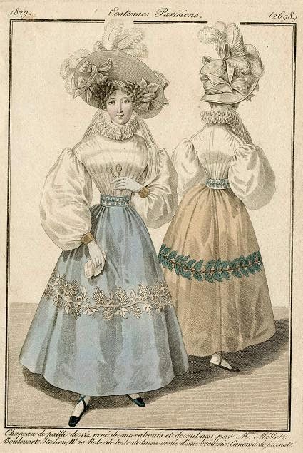 1829 fashion plate, Costumes Parisians #2698  another white "blouse" with "skirt" Early 19th Century Fashion, 1820 Fashion, 1820s Fashion, 1830s Fashion, Decades Of Fashion, Romantic Period, 1800s Fashion, 19th Century Fashion, Victorian Clothing