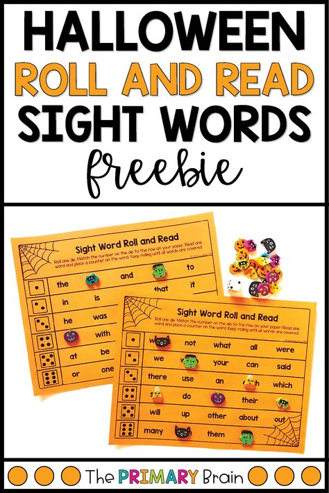 Halloween sight word roll and read activity keeps students learning Fry words all through the month of October! 5 free practice pages incorporate the first 100 fry words. The game is played by rolling a die, reading a word, and placing a counter on the word. Keep rolling until all words are read. Just print to play this fun no prep sight word activity! Great for early finishers, literacy centers, and fun Friday activities! #frywords #sightwords #sightwordactivity Halloween Color By Sight Word, Halloween Kindergarten Reading Activities, Sight Word Halloween Activities, Halloween Sight Words Kindergarten, Halloween Word Work First Grade, Halloween Reading Activities 1st Grade, Halloween Learning Activities 1st Grade, Fall Sight Word Activities, Halloween Sight Word Activities