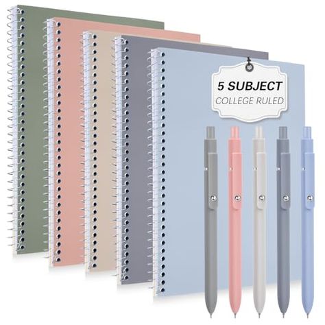 Fulmoon 5 Pcs College Ruled Style 5 Subject Notebook and 5 Pcs Morandi Gel Pens for School and Office, 240 Pages/ 120 Sheets, 8 x 10-1/2", Aesthetic Spiral Notebook 3 Hole Punched 4 Removable Dividers 5 Subject Notebook, 2 Aesthetic, Hole Punch, Gel Pens, Spiral Notebook, Subjects, Divider, Notebook, Pen