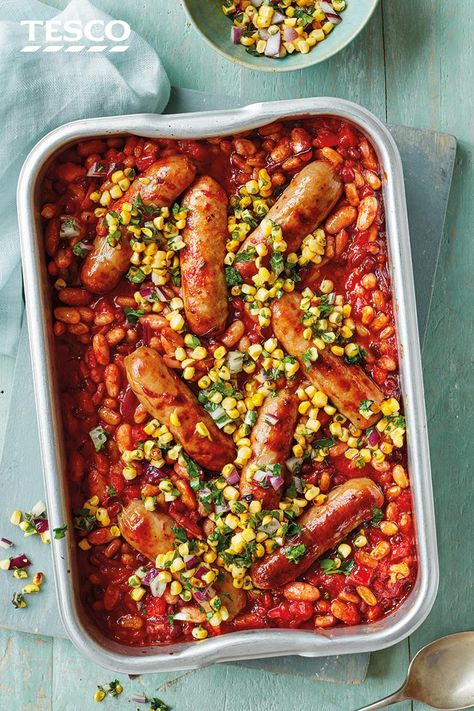 Glazed Sausages, Barbecue Sausage, Sticky Sausages, Bean Bake, Pork Sausages, Cook Breakfast, Sausage Dishes, Tesco Real Food, Corn Salsa