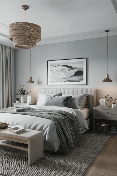 Bedroom Inspirations Beach, Spa Inspired Bedroom, Coastal Modern Decor, Blue And Cream Bedroom, Blue White Bedroom, Coastal Bedroom Ideas, Small Bedroom Inspiration, Beachy Bedroom, Nautical Bedroom