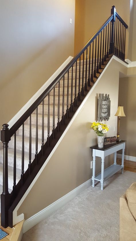 Staircase Railing Java Gel Upgrade | General Finishes 2018 Design Challenge Gel Stain Staircase, Oak Stair Railing, Stain Staircase, Above Stairs Decor, Stained Staircase, Stair Railing Makeover, Java Gel Stains, Java Gel, Staircase Railing