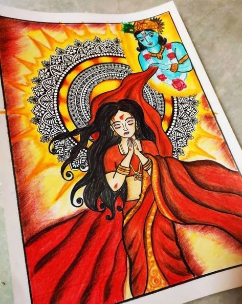 Draupadi Painting Easy, Drawing Ideas For Drawing Competition, Mandala Art Indian Culture, Mahabharat Sketch, Draupadi Art, Mahabharat Paintings, Draupadi Painting, Rangoli Ideas Creative For Competition, Theme Rangoli Designs For Competition