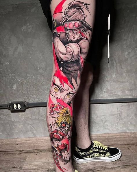 60 Unique Anime Tattoos Ideas to Inspire Your Next Ink Masterpiece Leg Anime Tattoo, Unique Anime Tattoos, Anime Tattoos Ideas, Anime Tattoos For Men, Gyutaro Demon Slayer, Princess Mononoke Tattoo, Geek Tattoos, Evangelion Tattoo, Bleach Tattoo