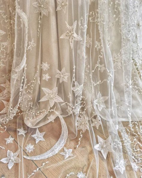 Celestial Inspiration – Cosmic Wedding Dresses For Moon-babes... Starry Night Wedding, Embroidered Wedding Dress, Moon Wedding, Celestial Wedding, Beaded Tulle, Embroidered Wedding, Moon And Stars, Wedding Veils, Wedding Night