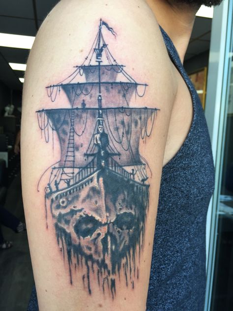 Ghostly pirate ship done in the studio by Greg. Hope you like it. Ghost Ship Tattoo, Seaside Tattoo, Arm Tattoos With Meaning, Rocket Ship Tattoo, Pirate Ship Tattoos, Ship Tattoos, Pirate Ship Tattoo, Navy Tattoos, Pirate Aesthetic