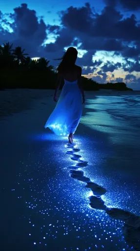 ↑↑↑ Larger size on website 🔸 A woman in a white dress walks along a sandy beach at night. The water is bioluminescent, creating a Bioluminescence Beach Aesthetic, Bioluminescence Beach, Bioluminescent Water, Bioluminescence Aesthetic, Water Aesthetic, Beach At Night, Fire Works, Star Ocean, 2025 Vision