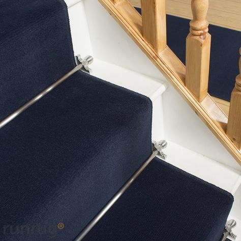 Plain Blue Stair Runner Blue Stair Runner, Gray Stair Runner, Grey Stair Carpet, Staircase Carpet Runner, Stair Carpet Runner, Gray Stairs, Staircase Runner, Stair Rods, Weave Shop