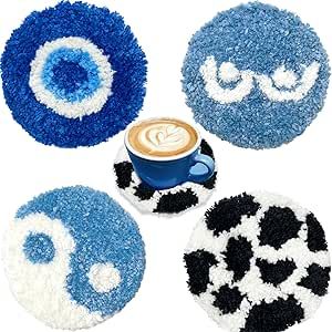 Coasters for Drinks - Handmade Preppy Tufted Blue Decor Rug Aesthetic Cute Room Coffee Table Decor for Women Girl Gift 4Pcs Aesthetic Cute Room, Boho Coasters, Rug Aesthetic, Cute Room, Absorbent Coasters, Coffee Table Decor, Handmade Coasters, Evil Eyes, Aesthetic Cute