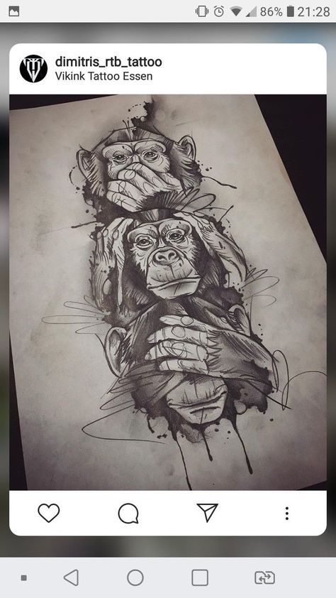 Monkey Leg Tattoo, Monkey Tattoo Men, Monkey Tattoo Ideas For Women, 3 Wise Monkeys Tattoo, 3 Monkeys Tattoo, Three Wise Monkeys Tattoo, Monkey Tattoo Design, Tattoo Stencil Designs, Beautiful Pencil Sketches