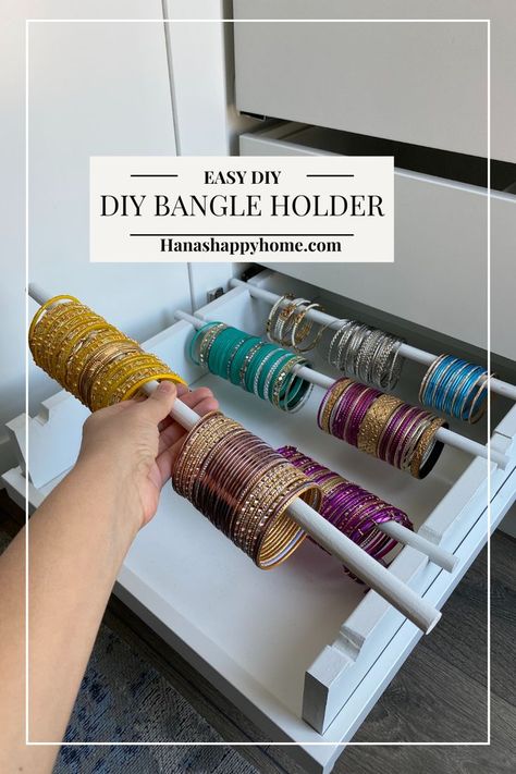 Make this easy bangle organizer. My bangles used to sit in a shoe box. Now they are organized in this simple drawer organizer Bangle Organizer Drawer, Bangle Stand In Wardrobe, Bangle Box Diy Ideas, Bangles Organizer Diy Storage Ideas, Bangles Stand Ideas, Bangles Organizer, Bangle Storage Ideas, Bangle Storage Ideas In Wardrobe, Showroom Display Ideas