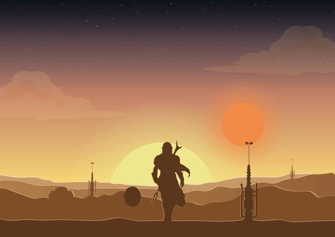 #themandalorian #starwars #babyyoda #thechild #tatooine #galaxy #warrior #silhouette #vectorart #vector #illustration #illustrator #minimalist #adobe #computer #series #design #character #sunset #desert #mando #draw #dopely Starwars Silhouette Art, Tatooine Drawing, Tatooine Sunset Wallpaper, Star Wars Background Landscape, Mando Tattoo, Tatooine Art, Star Wars Landscapes, Warrior Silhouette, Tatooine Sunset